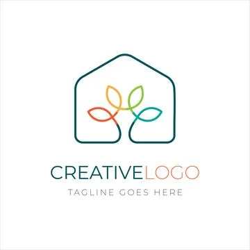 Home Leaf Logo Design Template, nature green natural growth concept logo linear Stock Illustration
