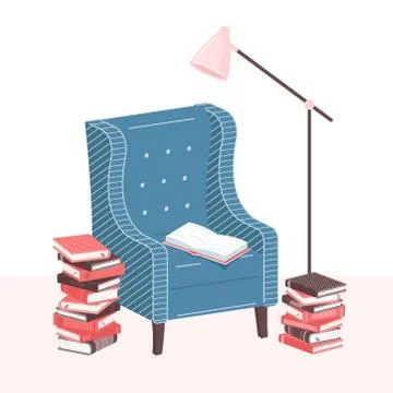 Home library. Stack of books, open book, armchair and lamp in living room. Pile Stock Illustration