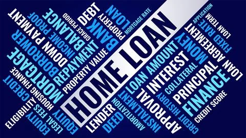 Home Loan Word Cloud in Diagonal Layout. Mortgage Finance Credit Interest a.. Ilustração Stock