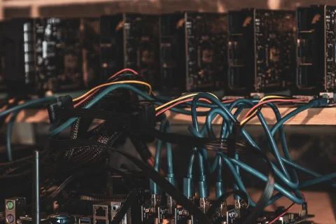 Home Made Bitcoin Mining Computer Rig on Wood Stock Photos