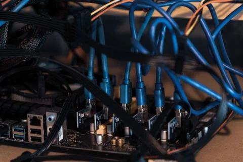 Home Made Bitcoin Mining Computer Rig on Wood Stock Photos