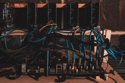 Home Made Bitcoin Mining Computer Rig on Wood Stock Photos