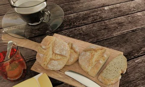 Home made bread and butcher in breakfast concept on wooden table. Blur blac.. Stock-Illustration