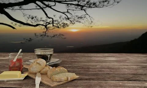 Home made bread on butcher and black coffee in clear glass for breakfast co.. Иллюстрация