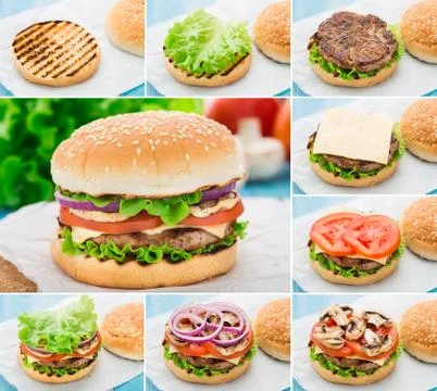 Home made burger. Step by step. Stock Photos