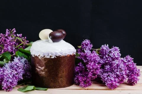Home made cake to Easter celebration. Easter glaze pie on a table decorated w Stock Photos