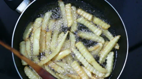 Home made deep fried fenchfire, top view Video stock 47189660