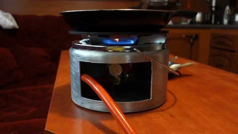 Home-made propane butane gas cooker due to gas crisis in Europe Stock Footage 190152182
