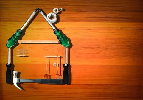 Home made of tools over  background wood texture . Illustrazione stock