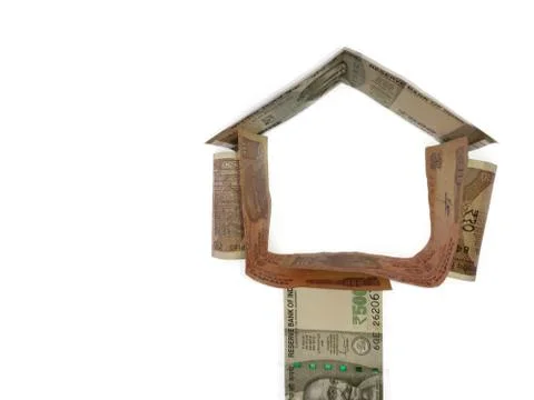 Home made using bank notes, home purchase Concept using EMI 스톡 사진