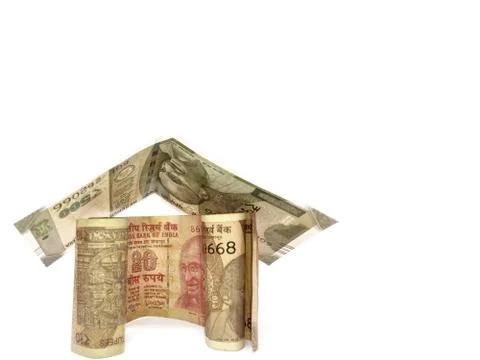 Home made using bank notes, home purchase Concept using EMI 스톡 사진