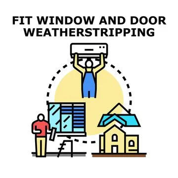 Home maintenance worker fitting door weatherstripping concept Ilustración de archivo