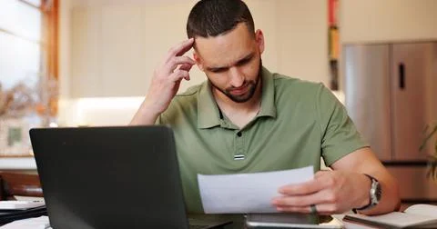 Home, man and stressed with document on laptop for tax, invoice and bank Stock Photos