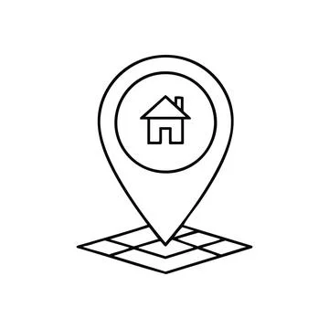 (Home Map Location Marker. Crisp white pointer displaying a house outline, .. Ilustración de archivo