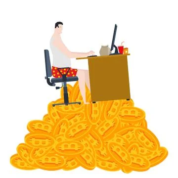 Home mining bitcoin. Freelancer is sitting on a pile of bitcoins. Mining in s 스톡 일러스트