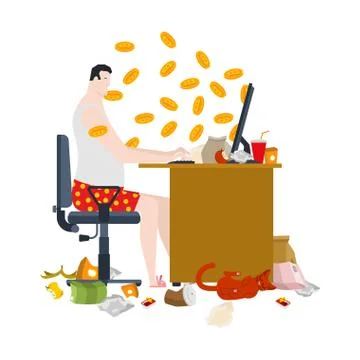 Home mining bitcoin. Man is sitting on PC. Mining in socks. Vector illustrati Stock Illustration