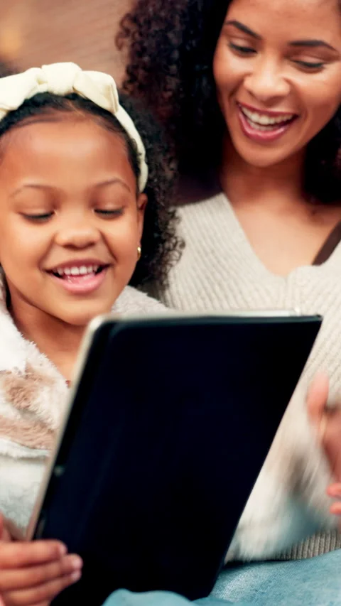 Home, mom and child with tablet, game or subscription for entertainment, woman Stock Footage 321391069