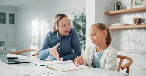 Home, mom or kid with learning difficulty, help and support for development.. Stock Photos