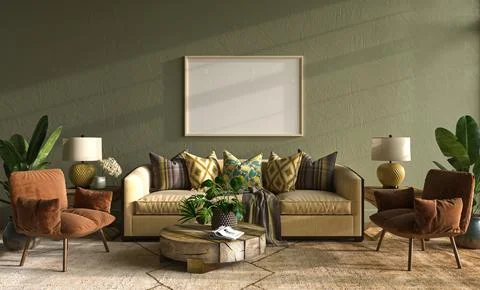 Home multicolor interior mock-up with green wall and yellow sofa, wooden table 스톡 일러스트