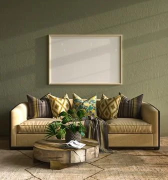 Home multicolor interior mock-up with green color wall and yellow sofa, wooden Stock-Illustration