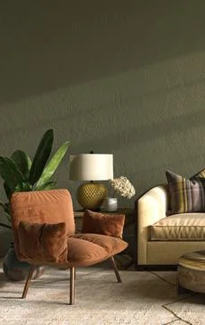 Home multicolor interior mock-up with green color wall, chair, lamp and yellow 스톡 일러스트