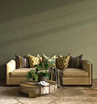 Home multicolor interior mock-up with green color wall and yellow sofa, wooden 스톡 일러스트