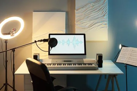 Home music studio setup with computer screen displaying audio waveform, micro Stock Photos