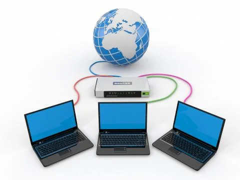 Home network. router and three laptops Illustration