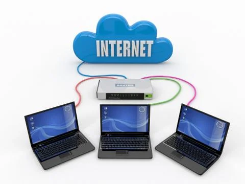 Home network. router and three laptops Stock Illustration