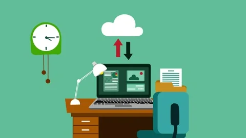 Home Office with Cloud Computing Animation, Animation of a home office with.. Stock Footage 317853153