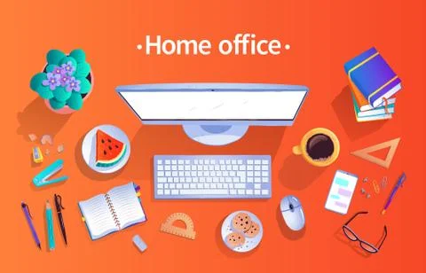Home office concept vector top view illustration Stock Illustration