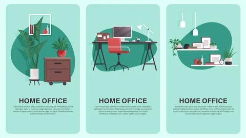 Home office concepts set with computer, armchair, homeplant, deor elements. Cosy Illustrazione stock