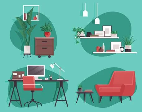 Home office concepts set with computer, armchair, homeplant, deor elements. Cosy 스톡 일러스트