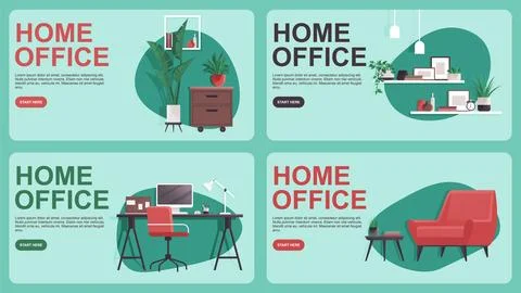 Home office concepts set with computer, armchair, homeplant, deor elements. Cosy 库存插图