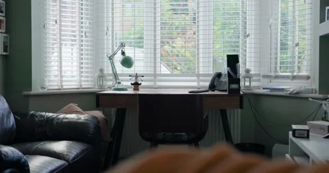 Home office, desk and empty room for cozy work space for freelance career, relax Stock Footage 307841850