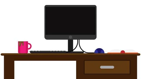 Home office desk with computer set, coffee and open book. Stock Illustration