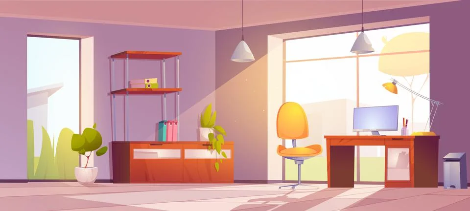 Home office with desk, monitor, chair and bookcase Stock Illustration