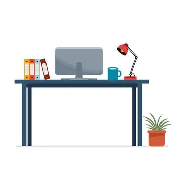 Home office desk setup with computer, binders, lamp, and plant. 스톡 일러스트