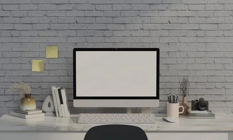 Home office desk workspace with computer and office supplies on white brick Stock Illustration