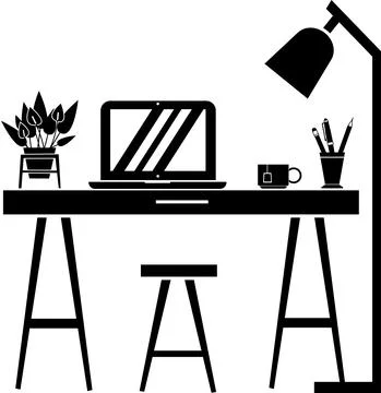 Home office icon, desk with lamp, laptop and flower, black silhouette. Stock Illustration