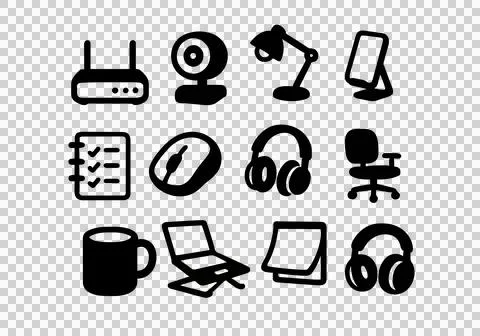 Home Office Icon Set Bold Flat Vector Style with Laptop, Headphones, Coffee Mug Stock Illustration