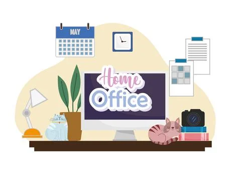 Home office interior computer desk camera books lamp plant calendar and clock on Stockillustratie