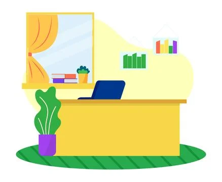 Home office interior with computer on desk, window with curtains, bookshelves イラスト素材