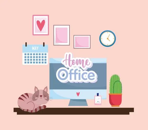 Home office interior computer screen calendar desk cat and cactus Stock Illustration