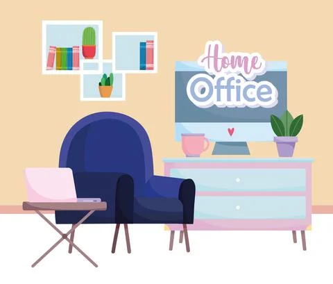 Home office interior computer on table chair televisor and shelves with books Ilustración de archivo