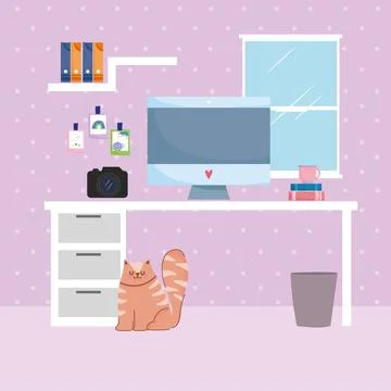 Home office interior desk computer camera shelf with binder and cat Ilustración de archivo
