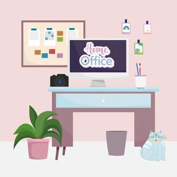 Home office interior desk computer camera sticky note in cork board cat and Illustrazione stock