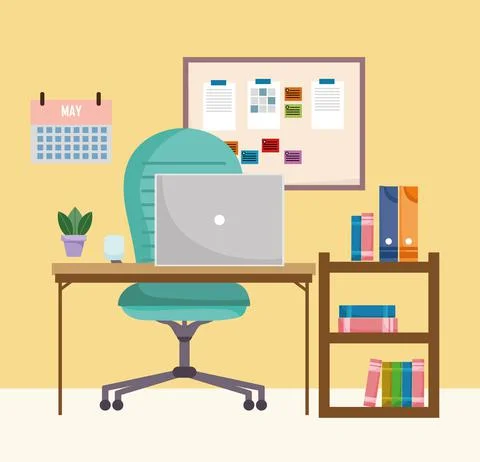 Home office interior desktop workspace computer books calendar and notes in Illustrazione stock