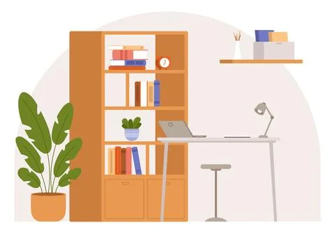 Home office interior. Flat work or study place in apartment. Bookshelf, desk Stockillustratie