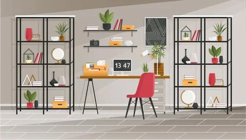 Home office interior. Vector illustration. Creative office desktop workspace Stock Illustration